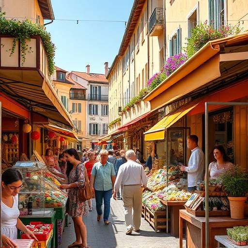Un marché provenäal animé avec des étals colorés.