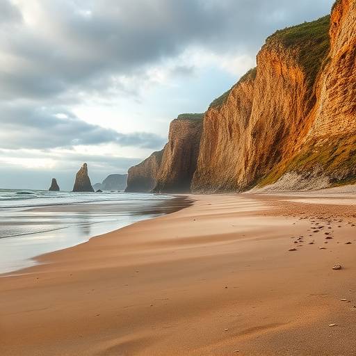 Une plage de sable fin en Bretagne avec des falaises abruptes, idéale pour les scènes dramatiques ou romantiques.
