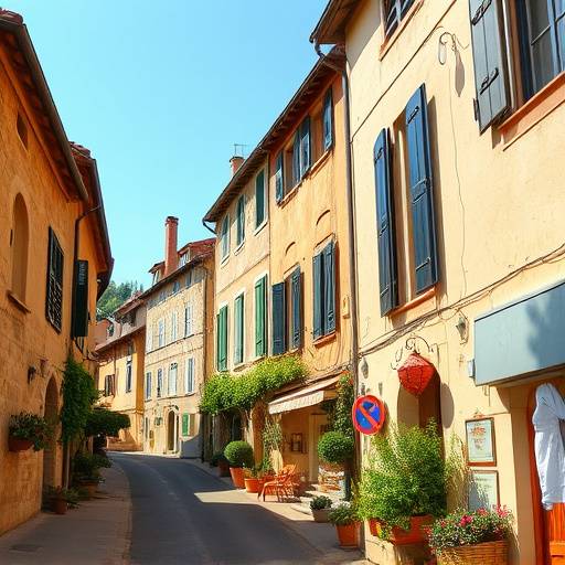 Une rue pittoresque dans un village provenäal ensoleillé, parfaite pour les scènes de village typiques.